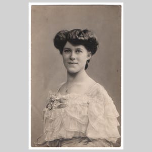 Edwardian lady real photo postcard - Fashionable woman ruffle dress studio portrait fashion - Antique rppc private greeting card ca 1910