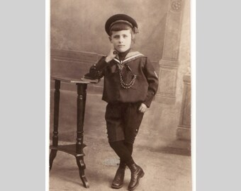 French rppc - Small boy children studio portrait sepia sailor costume fashion - Vintage private photo postcard ca 1925