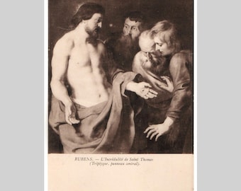 Vintage religious postcard - Saint Thomas incredulity Jesus sepia painting - Antique unused card ca1920