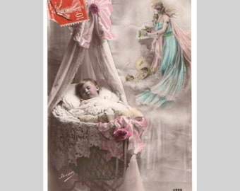 Vintage French real photo postcard - Sleeping baby child crib bed fortune fairy - Antique hand tinted rppc greeting card 1913