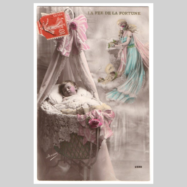 Vintage French real photo postcard - Sleeping baby child crib bed fortune fairy - Antique hand tinted rppc greeting card 1913