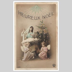 Vintage kerst-rppc - Geboorte Maria Jezus engelen kerstboom Frans handgekleurd - Antieke echte foto ansichtkaart wenskaart ca 1905