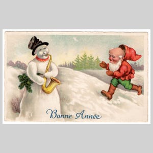 carte postale vintage gnome - Bonhomme de neige joue du saxophone paysage d'hiver Noël nouvel an - Carte de voeux ancienne 1934