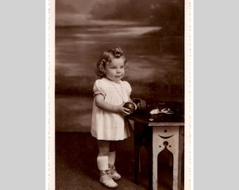 Antique French rppc - Little girl child studio portrait - Vintage private real photo postcard ca1920