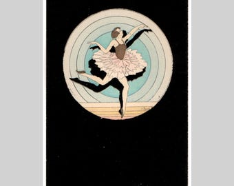 Rare carte postale art déco vintage - Fille danseuse ballerine art déco inutilisé - Ancienne carte de voeux française illustrée vers 1925