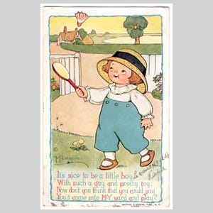 Vintage Grace Drayton Postkarte - Junge Badminton Künstler signiert Reinthal & Newman - Antike illustrierte Grußkarte 1917