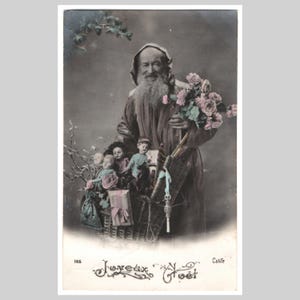 Vintage Santa Claus real photo postcard - Brown robe Santa gifts presents dolls Christmas - Antique French rppc greeting card ca 1915