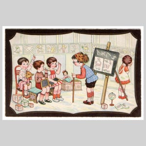 Cartão postal antigo de crianças brincando - Litografia de brinquedos de professor de escola Art Déco - Cartão de felicitações vintage retrô ilustrado 1937