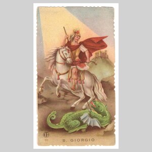 Antica immagine sacra religiosa cattolica italiana Immagine sacra europea vintage - San Giorgio uccide il drago ca 1920