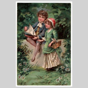 Alte Postkarte - Kinder Junge Mädchen Spielzeugboot - Vintage illustrierte Litho Grußkarte 1915