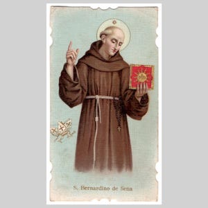 Antieke Spaanse religieuze katholieke heilige kaart gebedskaart - Saint St. Bernardino de Sena - ca 1915