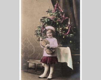 Vintage real photo postcard - Little girl violin Christmas tree - Antique hand tinted rppc 1913