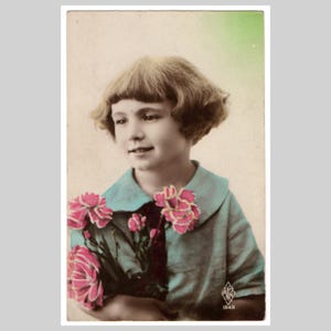 Vintage real photo postcard - Little girl portrait fashion roses art deco - Antique French rppc greeting card ca 1925