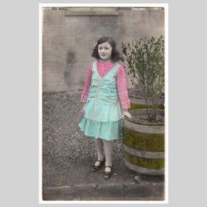German rppc - Young girl blue dress hand colored tinted fashion portrait - Vintage antique private real photo postcard ca 1915