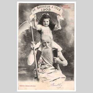 Antica cartolina di Capodanno - Padre Tempo, bambina, vecchio, barba e falce - Biglietto di auguri francese edoardiano Bergeret del 1905