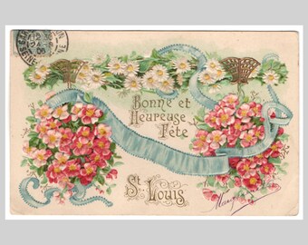 Vintage embossed postcard - Pink red flower blossoms daisies blue ribbon - Antique French edwardian illustrated greeting card 1906