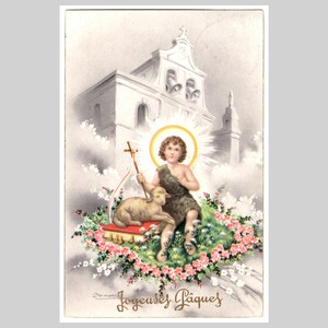 Cartolina religiosa d'epoca - Firmata dall'artista Zandrino, Gesù Cristo agnello - Cartolina d'auguri illustrata italiana retrò, litografia, ca. 1950