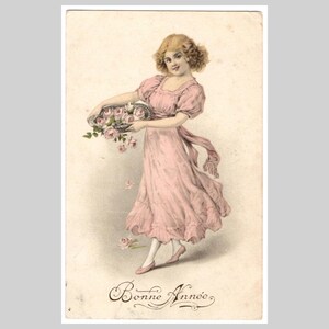 Antica cartolina di Capodanno - Ragazza con fiori in litografia - Antica cartolina d'auguri illustrata in litografia edoardiana del 1909