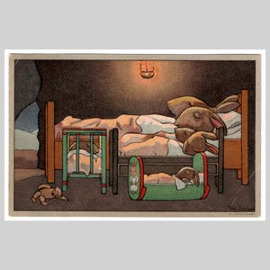 Vintage Postkarte - Anthropomorphe Kaninchen im Bett schlafenden Kaninchen Künstler signiert - Retro illustrierte Grußkarte 1957