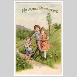 Antique Pentecost postcard - Religious descent Holy Spirit children landscape spring - Vintage embossed illustrated greeting card 1908