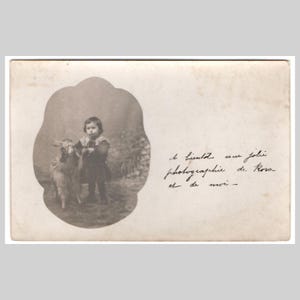 Edwardian rppc - Little girl child with toy? goat - Vintage French private real photo postcard ca 1905