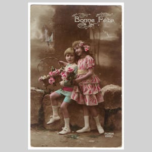 Vintage hand tinted real photo postcard - Children boy girl with flowers - Antique French rppc greeting card 1919