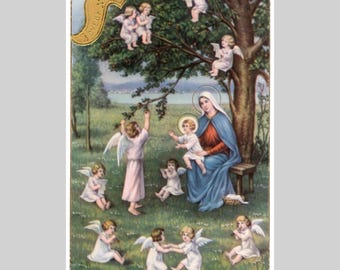Vintage religious postcard - Virgin Mary baby Jesus angels cherubs - Antique illustrated greeting card ca1935