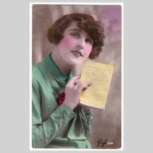Vintage French real photo postcard - Woman lady reads a book glamour hand tinted - Antique art deco rppc greeting card ca 1930