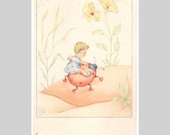 Vintage illustrated fairy postcard - Elf rides ladybug insect floral litho - Antique old greeting card 1942