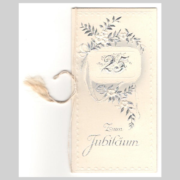 Folded greeting card - Silver wedding jubilee anniversary card embossed white roses silver leaves unused - Antique German ephemera ca 1920