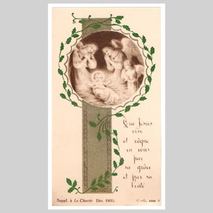 Antica immagine sacra religiosa cattolica francese, immagine sacra della comunione, litografia vintage - Gesù Cristo, angeli, Natività, Natale - 1933