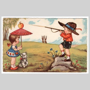 Cartolina d'epoca con bambini che giocano - Ragazzo che spara con la pistola, Guglielmo Tell in stile art deco, a/s Margret Boriss - Biglietto d'auguri illustrato retrò d'epoca, 1931