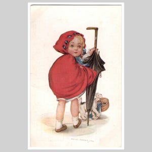 Cartolina illustrata d'epoca - Graziosa bambina con ombrello e cane, mantello rosso, Annie Anderson - Antica cartolina d'auguri illustrata inutilizzata, circa 1915
