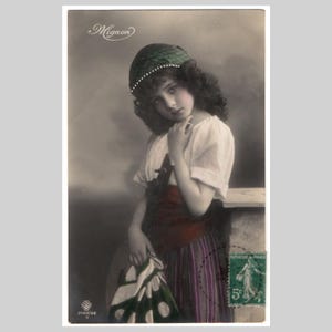 Vintage Grete Reinwald real photo postcard - Little girl Mignon portrait long hair - Antique hand tinted rppc greeting card ca 1910