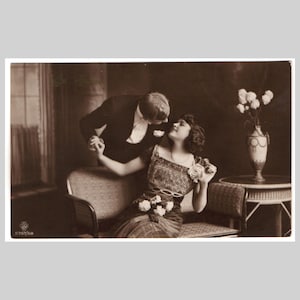 Vintage romantic real photo postcard - Valentines Day couple home interior furniture - Antique art deco rppc greeting card ca 1920