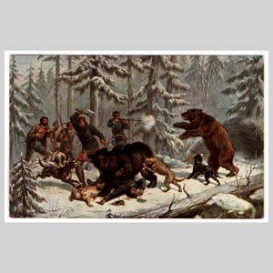 Stara pocztówka myśliwska – Niedźwiedź, psy myśliwskie, śnieg, zimowy krajobraz, malarstwo – Antyczna kartka okolicznościowa, Niemcy, 1911 r.