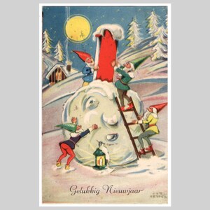 carte postale vintage de gnomes - paysage anthropomorphe d'hiver de boule de neige du nouvel an - carte de voeux illustrée hollandaise antique 1936