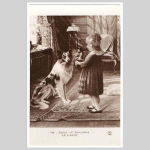 Cartão postal francês vintage de cachorro - Menina jack na caixa criança Diabo pintando a/s Schlomka - Cartão de felicitações sépia antigo 1921 Salon de Paris