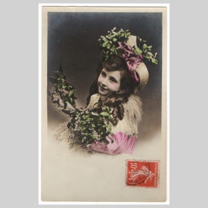 Cartolina di Natale vintage con foto autentica - Bambina con agrifoglio - Antica cartolina d'auguri francese edoardiana del 1908
