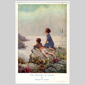 Cartão postal vintage de Margaret Tarrant - Crianças olham para o oceano Pensamentos da Juventude Sociedade Medici - Cartão de felicitações ilustrado retrô 1952