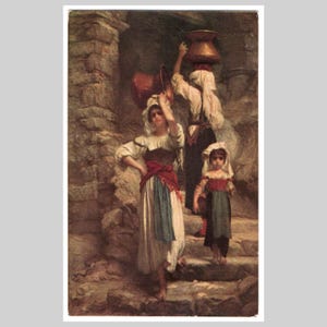 Antieke romantische ansichtkaart - Jonge meisjes van Cervara Rome, schilderij a/s Hébert Louvre - Vintage geïllustreerde wenskaart ca 1915