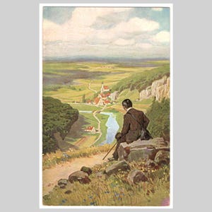 Vintage landscape postcard - Man looks out over village river hills painting - Antique unused German art greeting card ca 1915