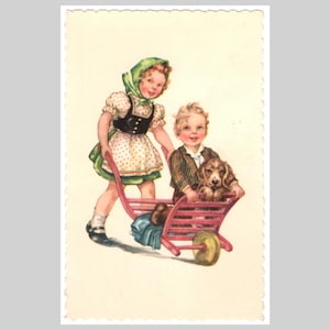 Vintage Postkarte - Spielende Kinder Junge Mädchen Hund Schubkarre unbenutzt - Retro Mitte des Jahrhunderts belgische illustrierte Grußkarte ca 1955