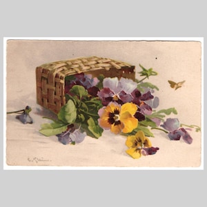 Carte postale vintage illustrée de pensées - Catherine Klein signée par l'artiste - Ancienne carte de voeux de fleurs florales vers 1930