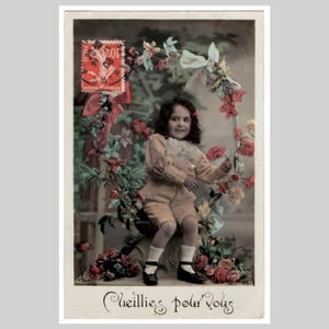 Vintage Foto Postkarte - Kleines Mädchen Blumen - Antike edwardianische französische ppc Grußkarte 1908