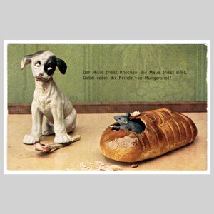 Cartolina illustrata d'epoca - Cucciolo di cane, topo, osso di pane - Vecchia cartolina d'auguri illustrata litografica del 1915 circa