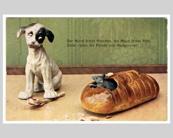 Cartão postal ilustrado vintage - Osso de pão para filhote de cachorro e rato - Cartão de felicitações ilustrado em litografia antigo, por volta de 1915