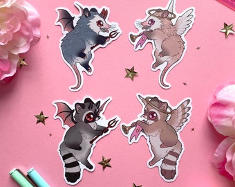Demon and Angel Trash Animals Stickers | Raccoon and Possum, Set of 4