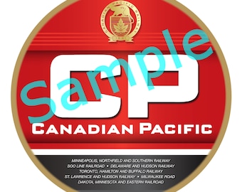 May include: A red and gold circular logo with the text "Canadian Pacific" and the letters "CP" in white. The logo also includes a smaller circular logo with a bear and the text "Canadian Pacific Railway 1881".