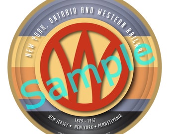 May include: A round, gold-coloured ornament with a red and white logo in the centre. The logo is a stylised "W" with a circle around it. The text "NEW YORK. ONTARIO AND WESTERN RAILWAY" is written around the top of the ornament. The text "1879 - 1957" is written in the centre of the ornament. The text "NEW JERSEY. NEW YORK. PENNSYLVANIA" is written around the bottom of the ornament.